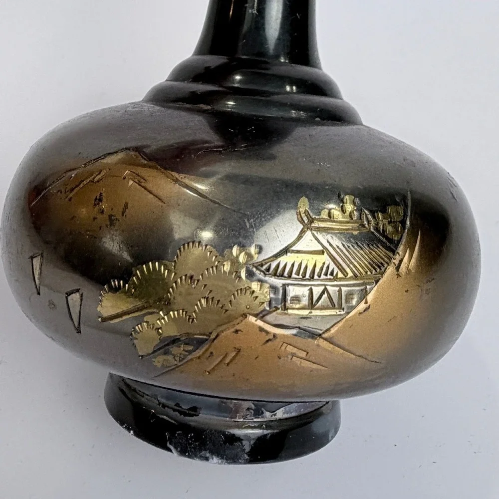 Vintage Japanese Amita Damascene Bud Vase Black Gold Silver Pagoda Mt Fuji 6.25